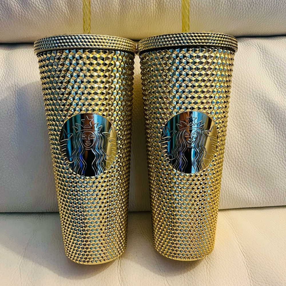 BNWT Set of 2 Starbucks Studded Gold Tumblers & Straws - Venti 24oz